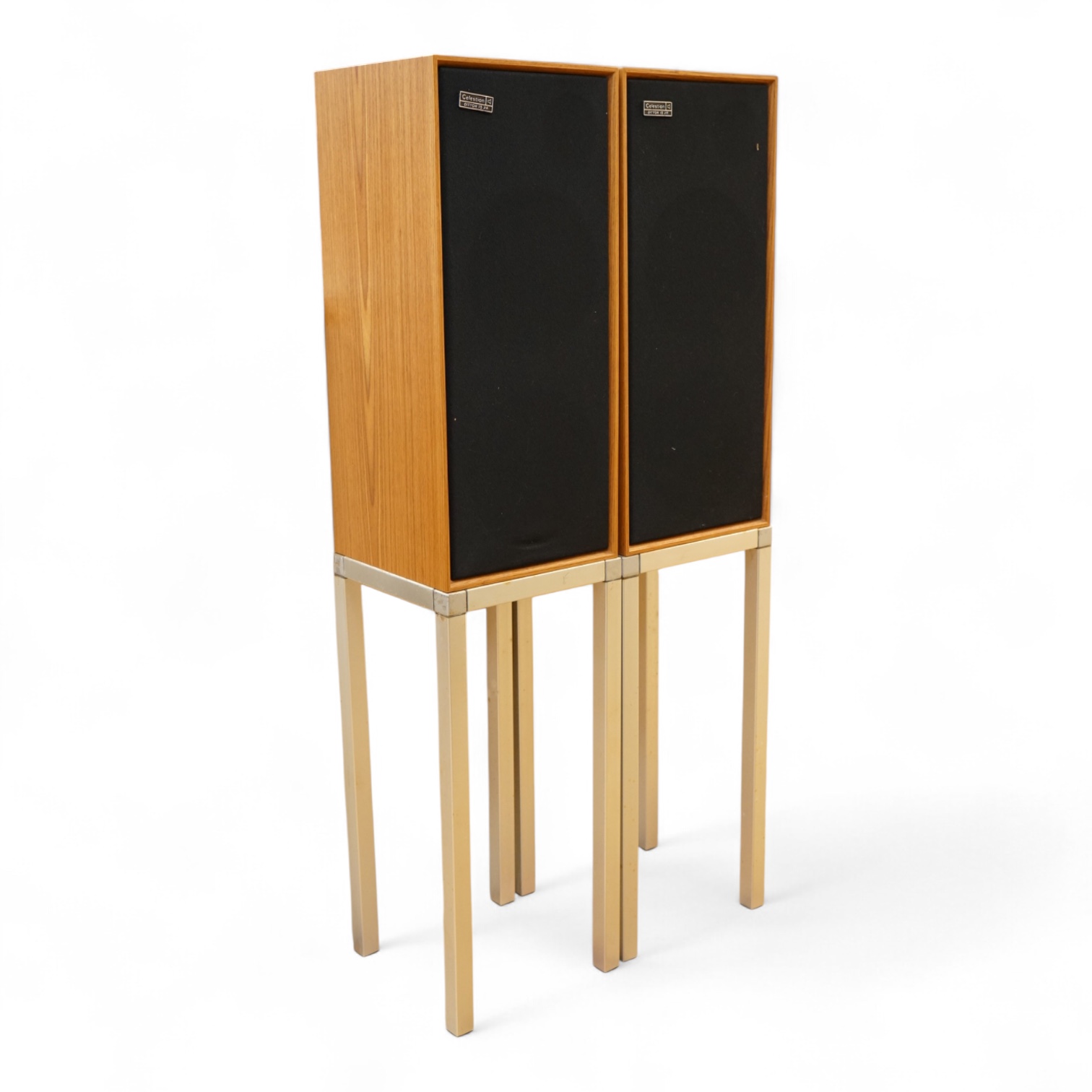A pair of Celestion Ditton 15XR stereo speakers attached to stands, speakers; 56cm high, 25cm wide, 24cm deep, overall height including the stands 110cm.